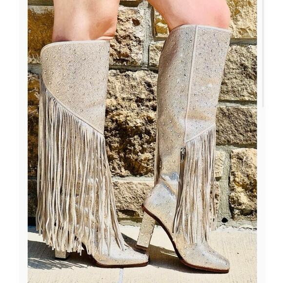 Jessica Simpson Asire2 Champagne Fringed Western Heeled Rhinestone Boots Size 7 - Picture 1 of 9